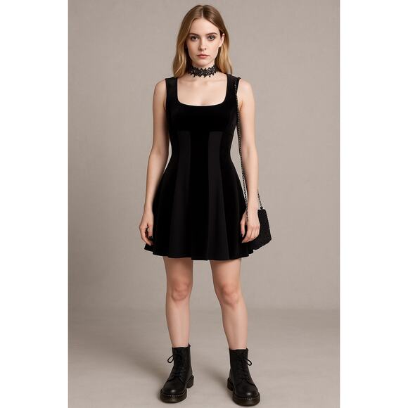 Glamtastic Velvet Panel Mini Dress Black Gothic Y2K Fit & Flare Party Grunge 10 - Picture 1 of 8
